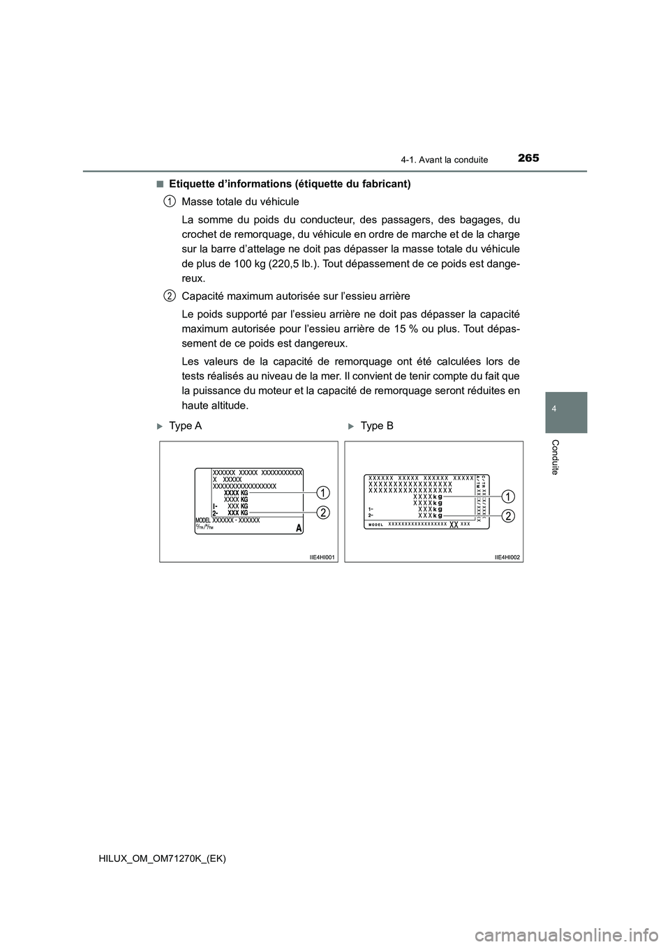TOYOTA HILUX 2019 Manuel du propriétaire (in French) 2654-1. Avant la conduite
4
Conduite
HILUX_OM_OM71270K_(EK)
■Etiquette d’informations (étiquette du fabricant)
Masse totale du véhicule
La somme du poids du conducteur, des passagers, des bag TOYOTA HILUX 2019 Manuel du propriétaire (in French) 2654-1. Avant la conduite
4
Conduite
HILUX_OM_OM71270K_(EK)
■Etiquette d’informations (étiquette du fabricant)
Masse totale du véhicule
La somme du poids du conducteur, des passagers, des bag