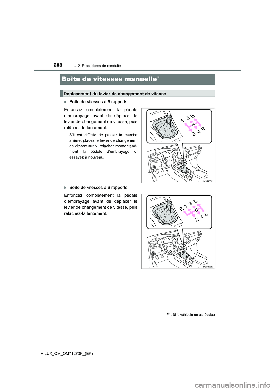 TOYOTA HILUX 2019  Manuel du propriétaire (in French) 2884-2. Procédures de conduite
HILUX_OM_OM71270K_(EK)
Boîte de vitesses manuelle
Boîte de vitesses à 5 rapports
Enfoncez complètement la pédale
d’embrayage avant de déplacer le
levier d