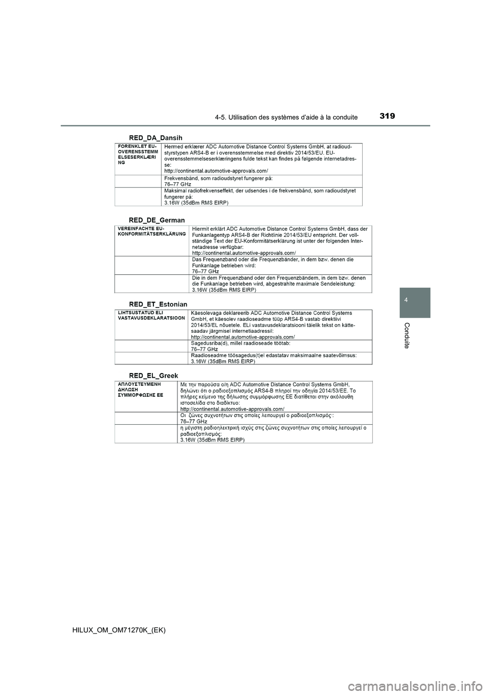 TOYOTA HILUX 2019 Manuel du propriétaire (in French) 3194-5. Utilisation des systèmes d’aide à la conduite
4
Conduite
HILUX_OM_OM71270K_(EK) TOYOTA HILUX 2019 Manuel du propriétaire (in French) 3194-5. Utilisation des systèmes d’aide à la conduite
4
Conduite
HILUX_OM_OM71270K_(EK)