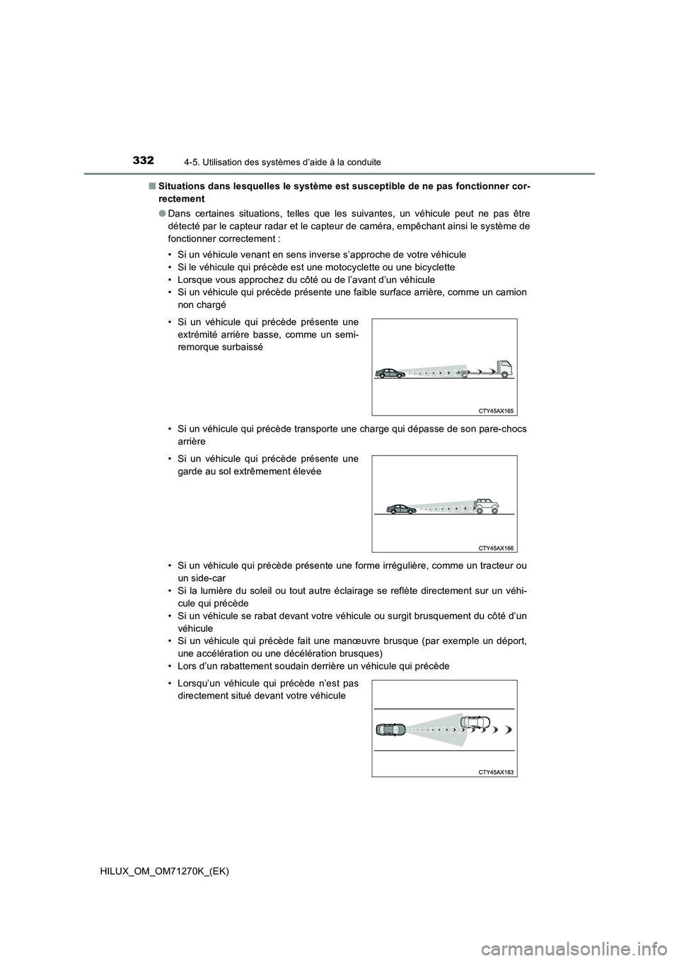 TOYOTA HILUX 2019 Manuel du propriétaire (in French) 3324-5. Utilisation des systèmes d’aide à la conduite
HILUX_OM_OM71270K_(EK)■Situations dans lesquelles le système est susceptible de ne pas fonctionner cor-
rectement
●Dans certaines situati TOYOTA HILUX 2019 Manuel du propriétaire (in French) 3324-5. Utilisation des systèmes d’aide à la conduite
HILUX_OM_OM71270K_(EK)■Situations dans lesquelles le système est susceptible de ne pas fonctionner cor-
rectement
●Dans certaines situati