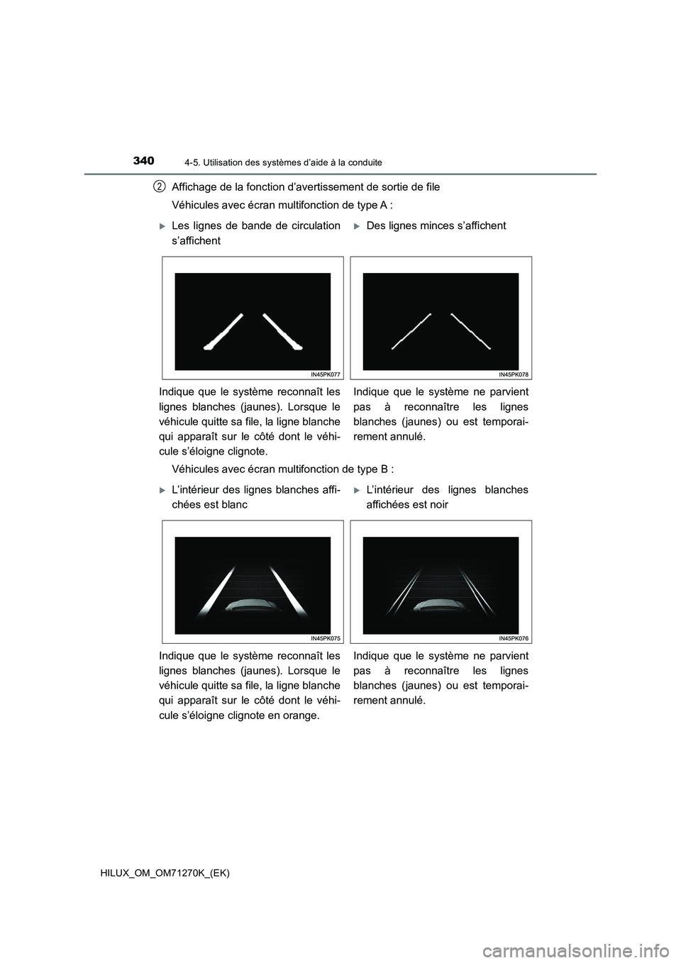 TOYOTA HILUX 2019 Manuel du propriétaire (in French) 3404-5. Utilisation des systèmes d’aide à la conduite
HILUX_OM_OM71270K_(EK)
Affichage de la fonction d’avertissement de sortie de file
Véhicules avec écran multifonction de type A :
Véhicule TOYOTA HILUX 2019 Manuel du propriétaire (in French) 3404-5. Utilisation des systèmes d’aide à la conduite
HILUX_OM_OM71270K_(EK)
Affichage de la fonction d’avertissement de sortie de file
Véhicules avec écran multifonction de type A :
Véhicule