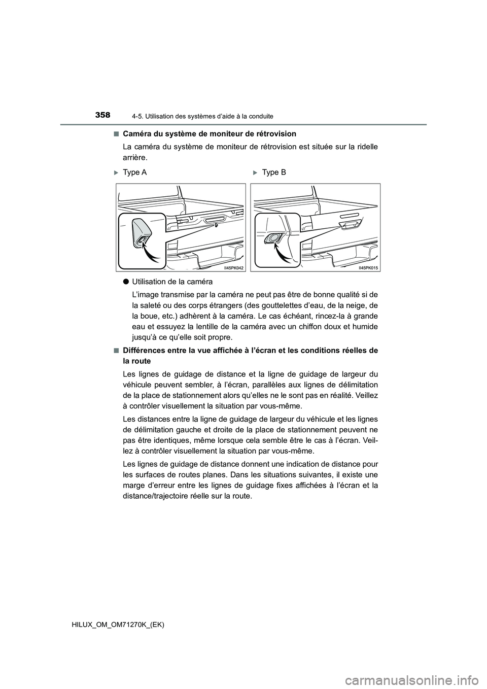 TOYOTA HILUX 2019 Manuel du propriétaire (in French) 3584-5. Utilisation des systèmes d’aide à la conduite
HILUX_OM_OM71270K_(EK)■
Caméra du système de moniteur de rétrovision
La caméra du système de moniteur de rétrovision est située sur l TOYOTA HILUX 2019 Manuel du propriétaire (in French) 3584-5. Utilisation des systèmes d’aide à la conduite
HILUX_OM_OM71270K_(EK)■
Caméra du système de moniteur de rétrovision
La caméra du système de moniteur de rétrovision est située sur l