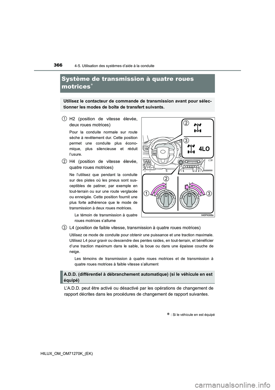 TOYOTA HILUX 2019 Manuel du propriétaire (in French) 3664-5. Utilisation des systèmes d’aide à la conduite
HILUX_OM_OM71270K_(EK)
Système de transmission à quatre roues
motrices
H2 (position de vitesse élevée,
deux roues motrices)
Pour la TOYOTA HILUX 2019 Manuel du propriétaire (in French) 3664-5. Utilisation des systèmes d’aide à la conduite
HILUX_OM_OM71270K_(EK)
Système de transmission à quatre roues
motrices
H2 (position de vitesse élevée,
deux roues motrices)
Pour la