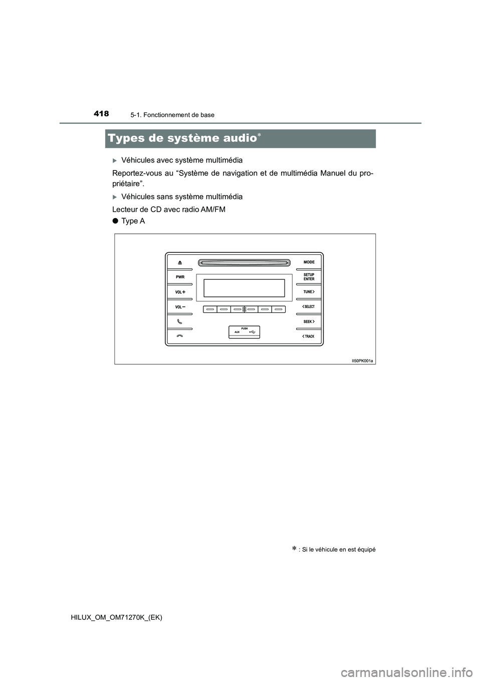 TOYOTA HILUX 2019 Manuel du propriétaire (in French) 4185-1. Fonctionnement de base
HILUX_OM_OM71270K_(EK)
Types de système audio
Véhicules avec système multimédia
Reportez-vous au “Système de navigation et de multimédia Manuel du pro-
pri TOYOTA HILUX 2019 Manuel du propriétaire (in French) 4185-1. Fonctionnement de base
HILUX_OM_OM71270K_(EK)
Types de système audio
Véhicules avec système multimédia
Reportez-vous au “Système de navigation et de multimédia Manuel du pro-
pri