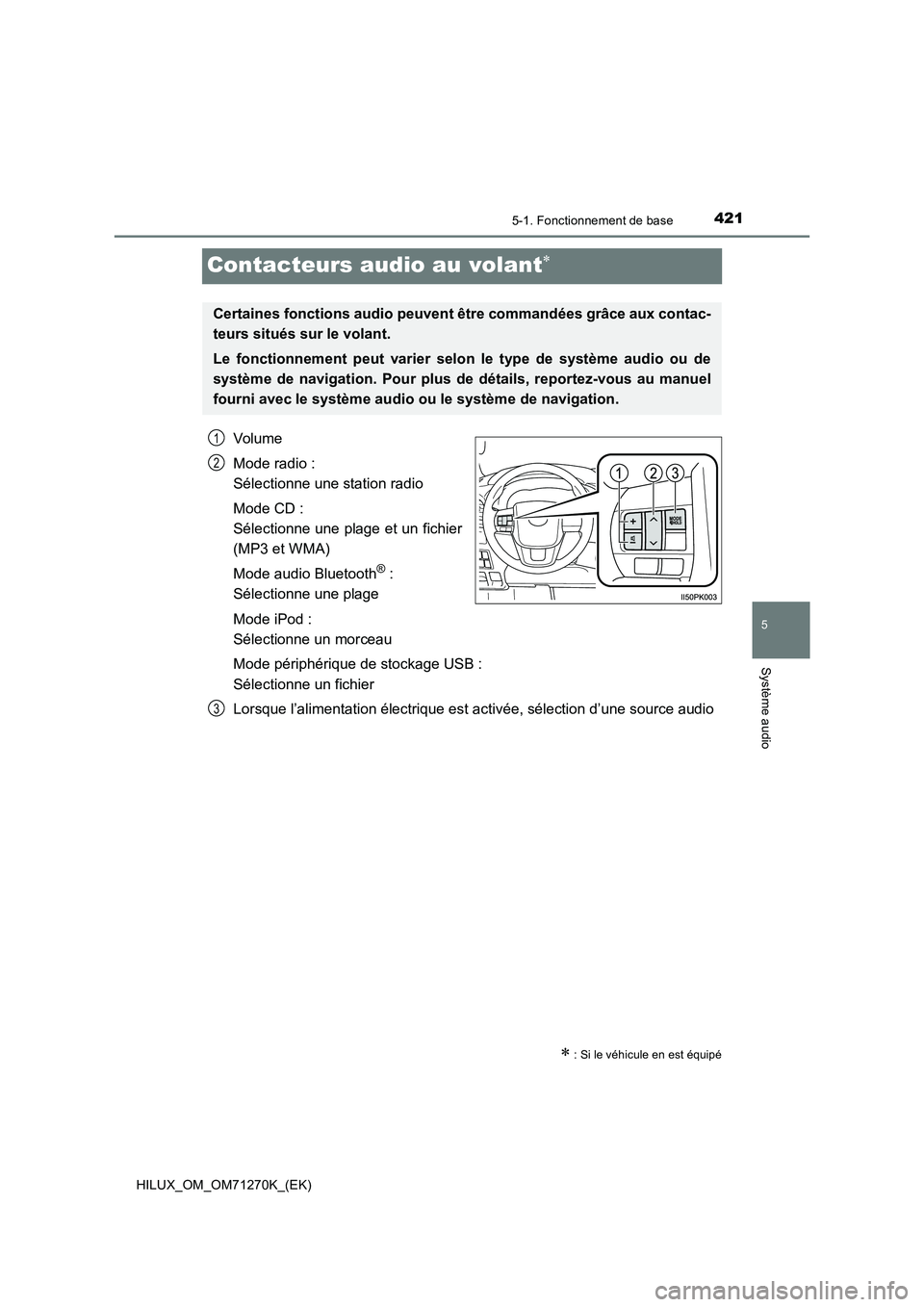 TOYOTA HILUX 2019 Manuel du propriétaire (in French) 421
5
5-1. Fonctionnement de base
Système audio
HILUX_OM_OM71270K_(EK)
Contacteurs audio au volant
Volume
Mode radio :
Sélectionne une station radio
Mode CD :
Sélectionne une plage et un fichi TOYOTA HILUX 2019 Manuel du propriétaire (in French) 421
5
5-1. Fonctionnement de base
Système audio
HILUX_OM_OM71270K_(EK)
Contacteurs audio au volant
Volume
Mode radio :
Sélectionne une station radio
Mode CD :
Sélectionne une plage et un fichi