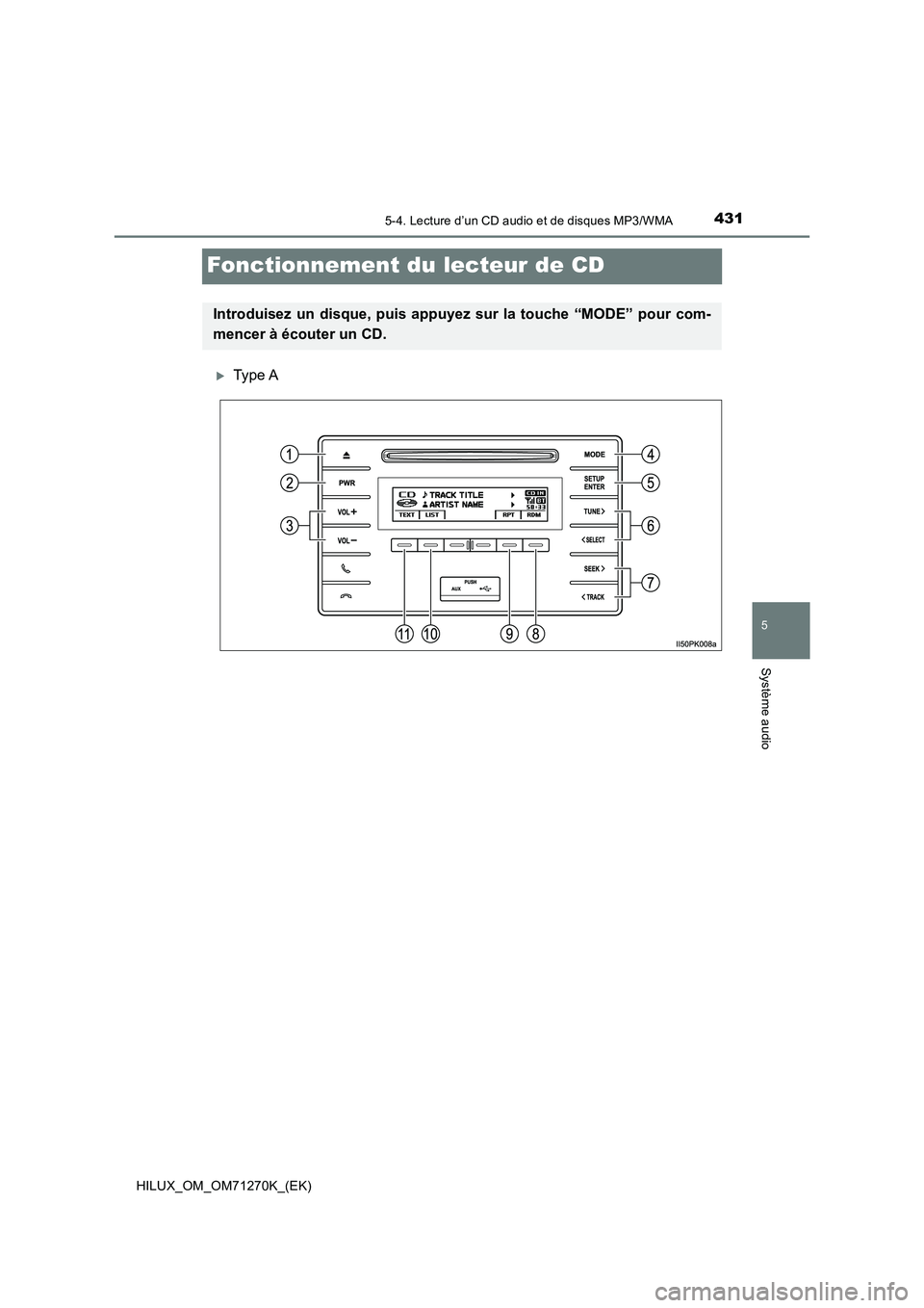 TOYOTA HILUX 2019  Manuel du propriétaire (in French) 431
5
5-4. Lecture d’un CD audio et de disques MP3/WMA
Système audio
HILUX_OM_OM71270K_(EK)
Fonctionnement du lecteur de CD
Type A
Introduisez un disque, puis appuyez sur la touche “MODE” po