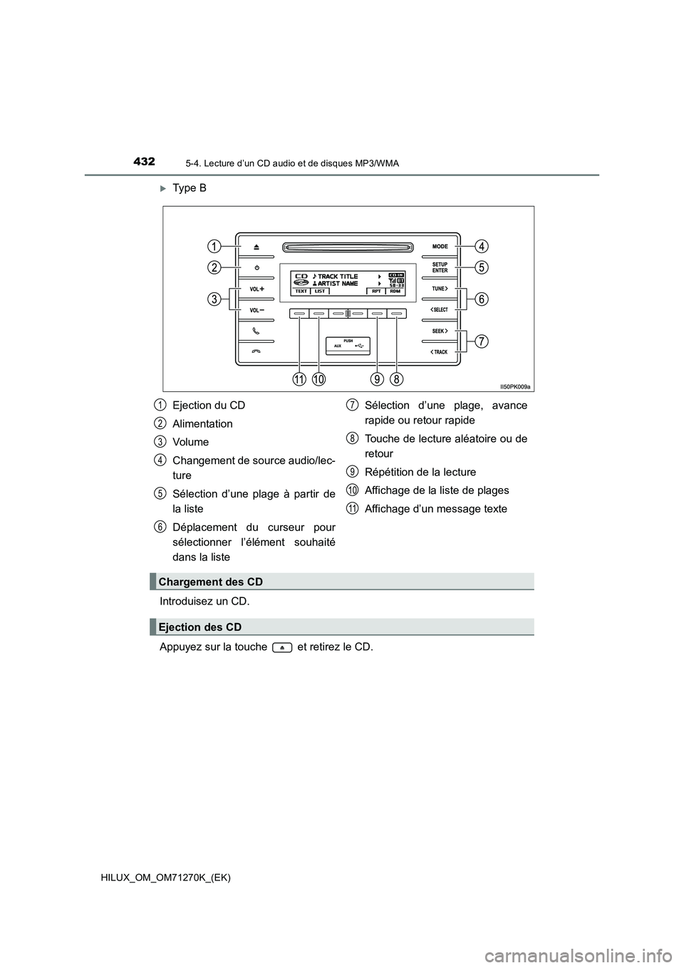 TOYOTA HILUX 2019  Manuel du propriétaire (in French) 4325-4. Lecture d’un CD audio et de disques MP3/WMA
HILUX_OM_OM71270K_(EK)
Type B
Introduisez un CD.
Appuyez sur la touche   et retirez le CD.
Ejection du CD
Alimentation
Volume
Changement de sou