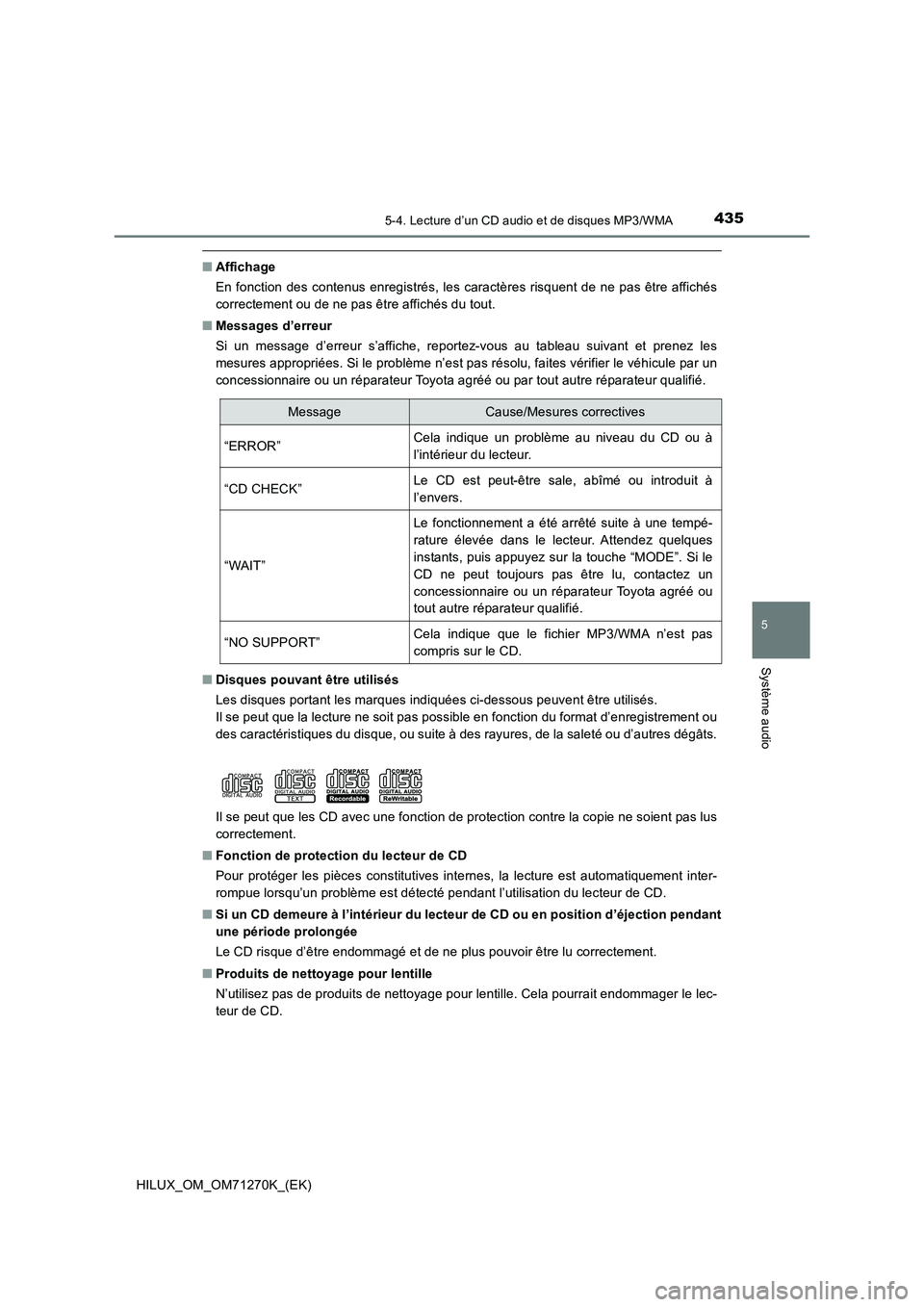 TOYOTA HILUX 2019  Manuel du propriétaire (in French) 4355-4. Lecture d’un CD audio et de disques MP3/WMA
5
Système audio
HILUX_OM_OM71270K_(EK)
■Affichage
En fonction des contenus enregistrés, les caractères risquent de ne pas être affichés
cor