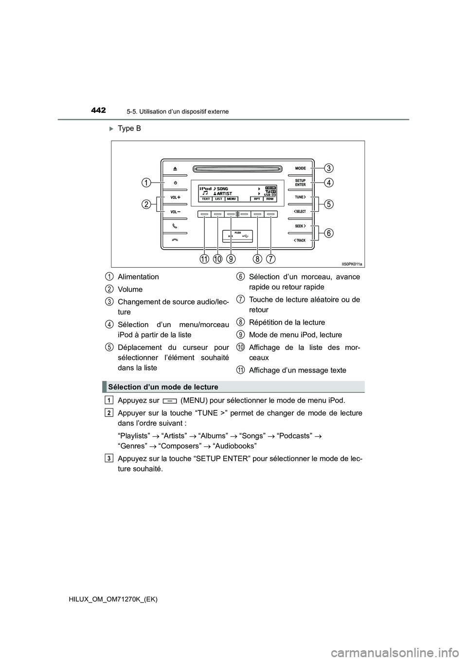 TOYOTA HILUX 2019 Manuel du propriétaire (in French) 4425-5. Utilisation d’un dispositif externe
HILUX_OM_OM71270K_(EK)
Type B
Appuyez sur (MENU) pour sélectionner le mode de menu iPod.
Appuyer sur la touche “TUNE >” permet de changer de mod TOYOTA HILUX 2019 Manuel du propriétaire (in French) 4425-5. Utilisation d’un dispositif externe
HILUX_OM_OM71270K_(EK)
Type B
Appuyez sur (MENU) pour sélectionner le mode de menu iPod.
Appuyer sur la touche “TUNE >” permet de changer de mod