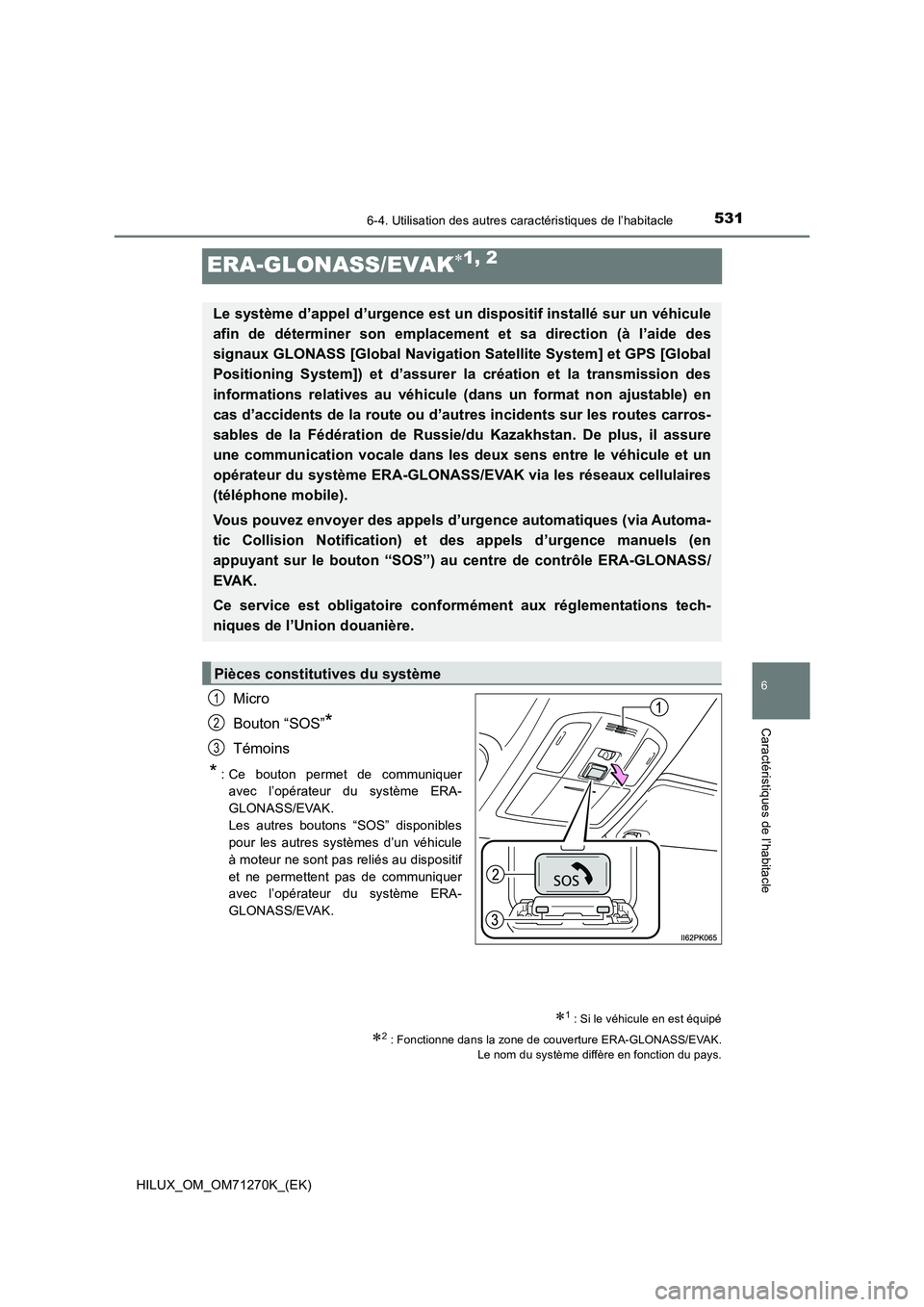 TOYOTA HILUX 2019  Manuel du propriétaire (in French) 5316-4. Utilisation des autres caractéristiques de l’habitacle
HILUX_OM_OM71270K_(EK)
6
Caractéristiques de l’habitacle
ERA-GLONASS/EVAK1, 2
Micro
Bouton “SOS”
*
Témoins
*: Ce bouton per