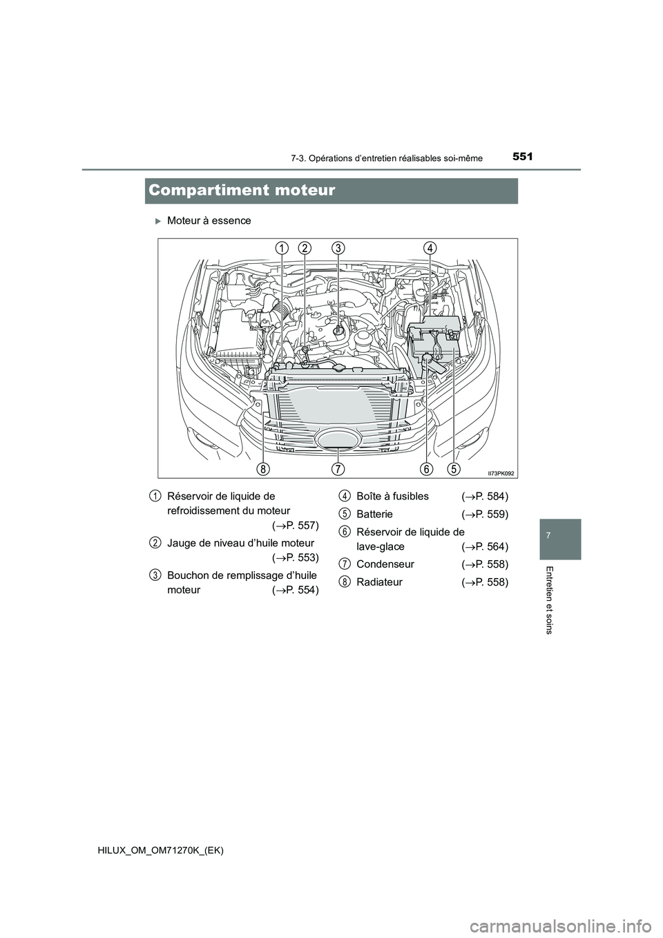 TOYOTA HILUX 2019 Manuel du propriétaire (in French) 5517-3. Opérations d’entretien réalisables soi-même
HILUX_OM_OM71270K_(EK)
7
Entretien et soins
Compartiment moteur
Moteur à essence
Réservoir de liquide de
refroidissement du moteur
( TOYOTA HILUX 2019 Manuel du propriétaire (in French) 5517-3. Opérations d’entretien réalisables soi-même
HILUX_OM_OM71270K_(EK)
7
Entretien et soins
Compartiment moteur
Moteur à essence
Réservoir de liquide de
refroidissement du moteur
(
