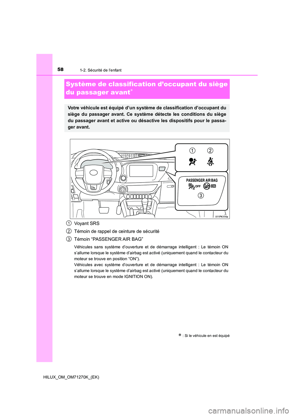 TOYOTA HILUX 2019  Manuel du propriétaire (in French) 581-2. Sécurité de l’enfant
HILUX_OM_OM71270K_(EK)
Système de classification d’occupant du siège  
du passager avant
Voyant SRS 
Témoin de rappel de ceinture de sécurité 
Témoin “PASS