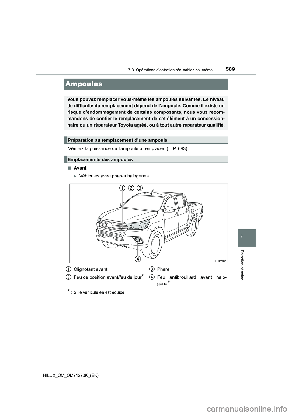 TOYOTA HILUX 2019 Manuel du propriétaire (in French) 5897-3. Opérations d’entretien réalisables soi-même
HILUX_OM_OM71270K_(EK)
7
Entretien et soins
Ampoules
Vérifiez la puissance de l’ampoule à remplacer. (P. 693)
■Avant
Véhicules ave TOYOTA HILUX 2019 Manuel du propriétaire (in French) 5897-3. Opérations d’entretien réalisables soi-même
HILUX_OM_OM71270K_(EK)
7
Entretien et soins
Ampoules
Vérifiez la puissance de l’ampoule à remplacer. (P. 693)
■Avant
Véhicules ave