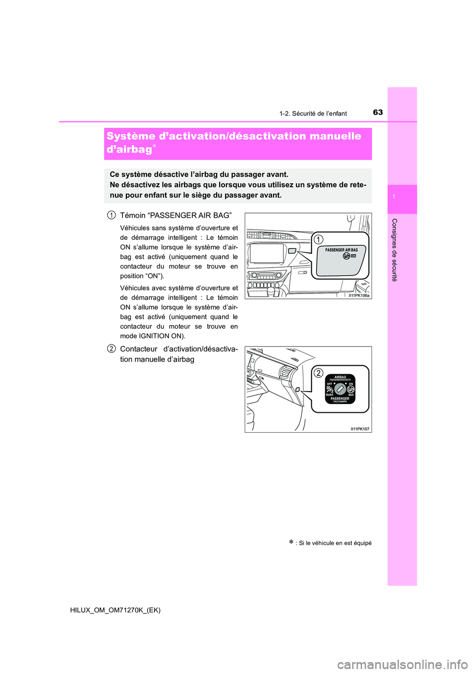 TOYOTA HILUX 2019  Manuel du propriétaire (in French) 631-2. Sécurité de l’enfant
1
HILUX_OM_OM71270K_(EK)
Consignes de sécurité
Système d’activation/désactivation manuelle  
d’airbag
Témoin “PASSENGER AIR BAG”
Véhicules sans systèm