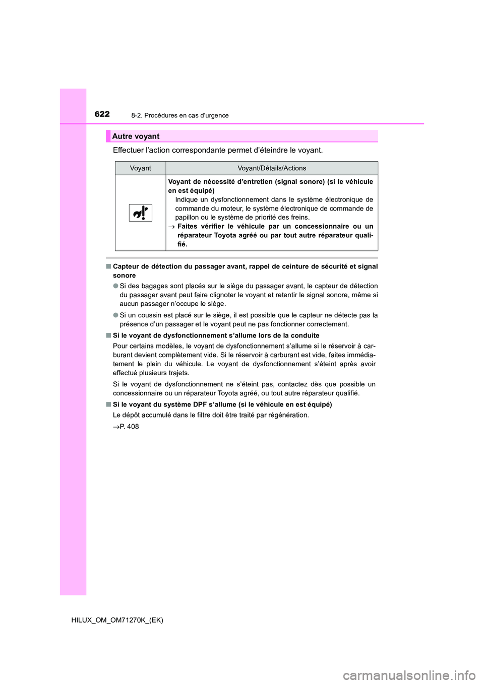 TOYOTA HILUX 2019 Manuel du propriétaire (in French) 6228-2. Procédures en cas d’urgence
HILUX_OM_OM71270K_(EK)
Effectuer l’action correspondante permet d’éteindre le voyant.
■Capteur de détection du passager avant, rappel de ceinture de séc TOYOTA HILUX 2019 Manuel du propriétaire (in French) 6228-2. Procédures en cas d’urgence
HILUX_OM_OM71270K_(EK)
Effectuer l’action correspondante permet d’éteindre le voyant.
■Capteur de détection du passager avant, rappel de ceinture de séc