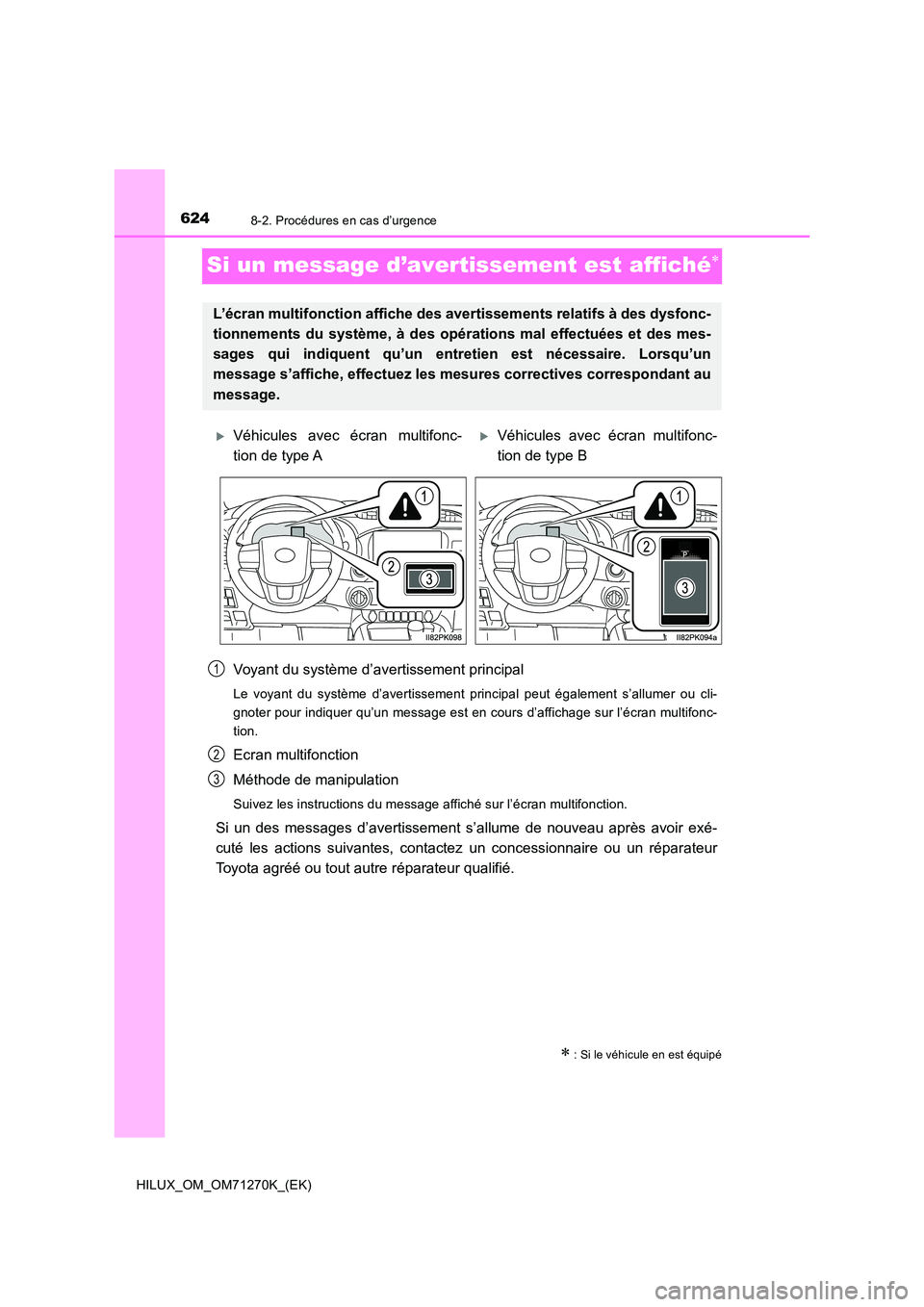 TOYOTA HILUX 2019 Manuel du propriétaire (in French) 6248-2. Procédures en cas d’urgence
HILUX_OM_OM71270K_(EK)
Si un message d’avertissement est affiché
Voyant du système d’avertissement principal
Le voyant du système d’avertissement pri TOYOTA HILUX 2019 Manuel du propriétaire (in French) 6248-2. Procédures en cas d’urgence
HILUX_OM_OM71270K_(EK)
Si un message d’avertissement est affiché
Voyant du système d’avertissement principal
Le voyant du système d’avertissement pri