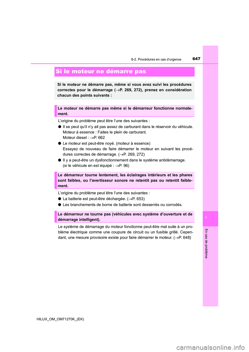 TOYOTA HILUX 2019 Manuel du propriétaire (in French) 6478-2. Procédures en cas d’urgence
HILUX_OM_OM71270K_(EK)
8
En cas de problème
Si le moteur ne démarre pas
L’origine du problème peut être l’une des suivantes :
● Il se peut qu’il n TOYOTA HILUX 2019 Manuel du propriétaire (in French) 6478-2. Procédures en cas d’urgence
HILUX_OM_OM71270K_(EK)
8
En cas de problème
Si le moteur ne démarre pas
L’origine du problème peut être l’une des suivantes :
● Il se peut qu’il n