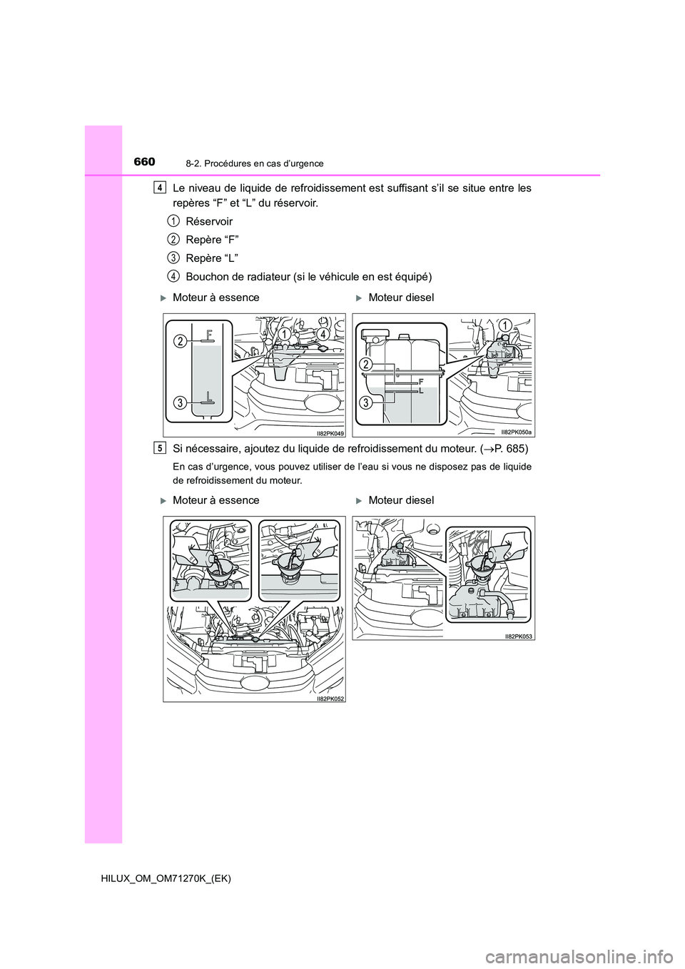 TOYOTA HILUX 2019 Manuel du propriétaire (in French) 6608-2. Procédures en cas d’urgence
HILUX_OM_OM71270K_(EK)
Le niveau de liquide de refroidissement est suffisant s’il se situe entre les
repères “F” et “L” du réservoir.
Réservoir
R TOYOTA HILUX 2019 Manuel du propriétaire (in French) 6608-2. Procédures en cas d’urgence
HILUX_OM_OM71270K_(EK)
Le niveau de liquide de refroidissement est suffisant s’il se situe entre les
repères “F” et “L” du réservoir.
Réservoir
R