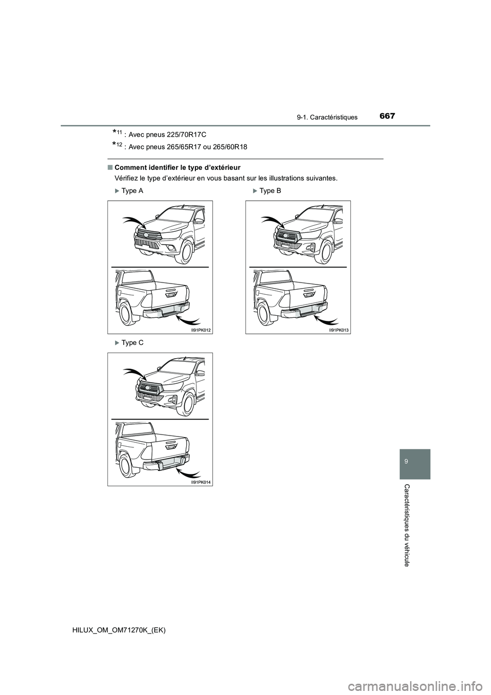 TOYOTA HILUX 2019  Manuel du propriétaire (in French) 667
9
9-1. Caractéristiques
Caractéristiques du véhicule
HILUX_OM_OM71270K_(EK)
*11 : Avec pneus 225/70R17C
*12 : Avec pneus 265/65R17 ou 265/60R18
■Comment identifier le type d’extérieur
Vér
