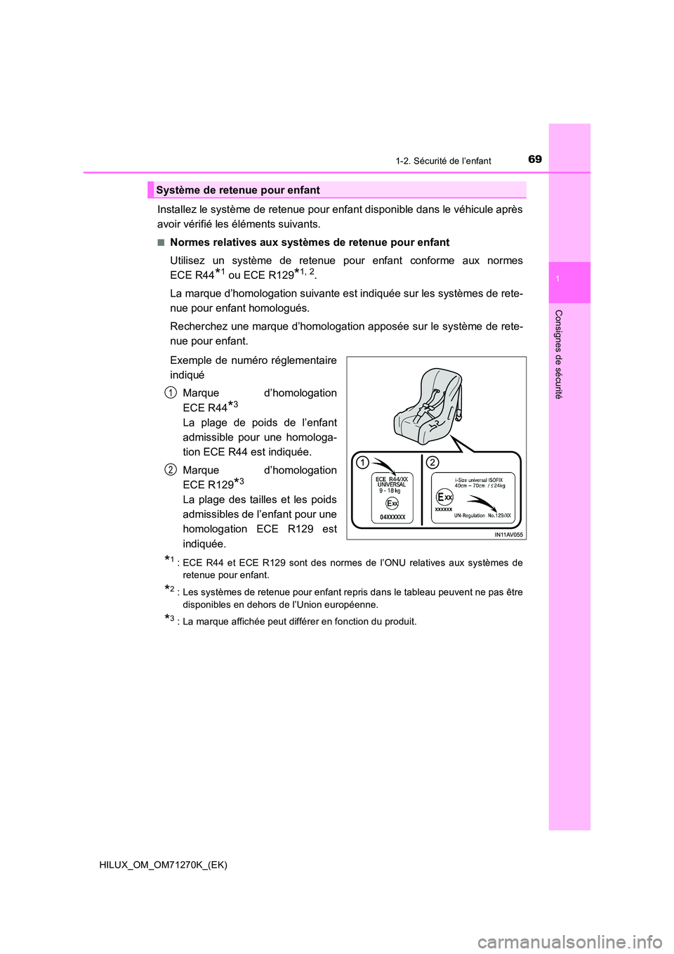 TOYOTA HILUX 2019  Manuel du propriétaire (in French) 691-2. Sécurité de l’enfant
1
HILUX_OM_OM71270K_(EK)
Consignes de sécurité
Installez le système de retenue pour enfant disponible dans le véhicule après 
avoir vérifié les éléments suivan