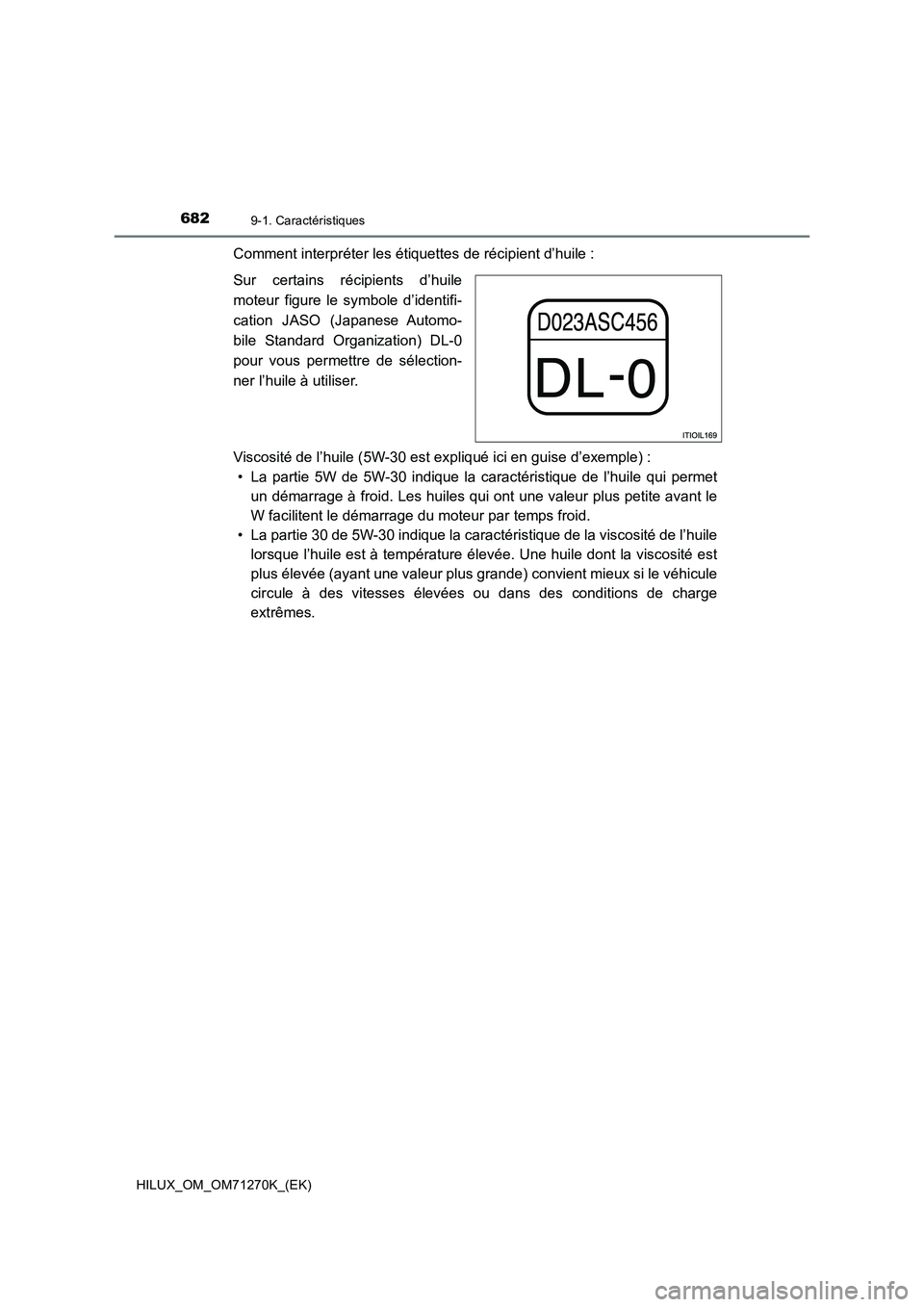 TOYOTA HILUX 2019  Manuel du propriétaire (in French) 6829-1. Caractéristiques
HILUX_OM_OM71270K_(EK)
Comment interpréter les étiquettes de récipient d’huile :
Sur certains récipients d’huile
moteur figure le symbole d’identifi-
cation JASO (J