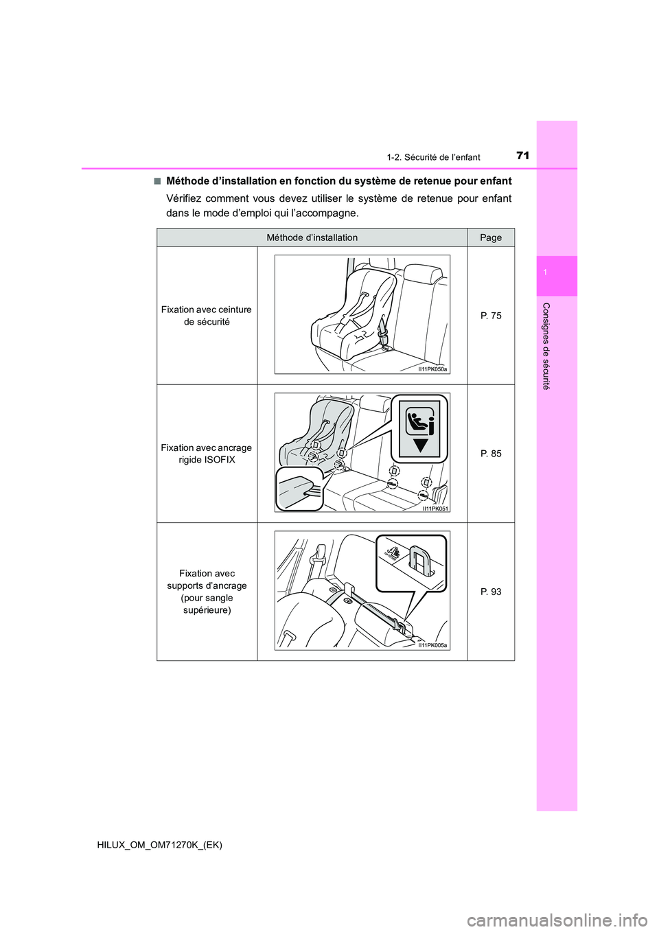 TOYOTA HILUX 2019  Manuel du propriétaire (in French) 711-2. Sécurité de l’enfant
1
HILUX_OM_OM71270K_(EK)
Consignes de sécurité
■Méthode d’installation en fonction du système de retenue pour enfant 
Vérifiez comment vous devez utiliser le s