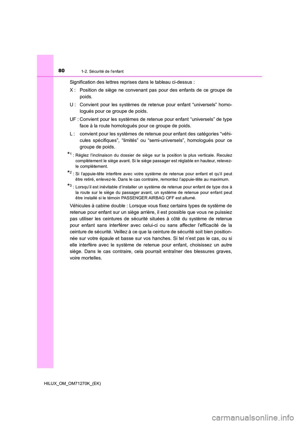 TOYOTA HILUX 2019  Manuel du propriétaire (in French) 801-2. Sécurité de l’enfant
HILUX_OM_OM71270K_(EK)
Signification des lettres reprises dans le tableau ci-dessus : 
X : Position de siège ne convenant pas pour des enfants de ce groupe de 
poids. 