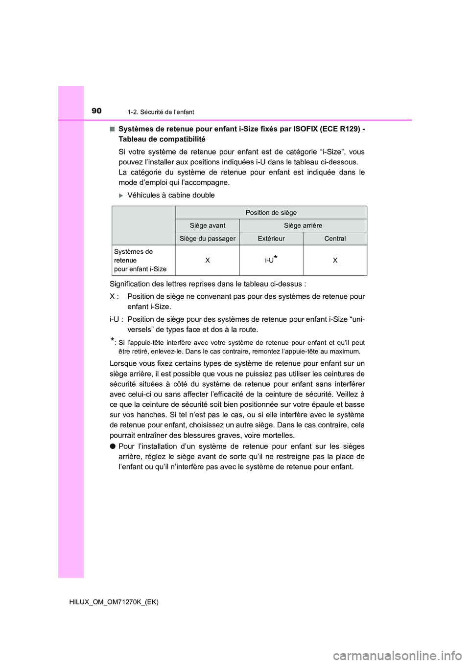 TOYOTA HILUX 2019  Manuel du propriétaire (in French) 901-2. Sécurité de l’enfant
HILUX_OM_OM71270K_(EK) 
■Systèmes de retenue pour enfant i-Size fixés par ISOFIX (ECE R129) - 
Tableau de compatibilité 
Si votre système de retenue pour enfant e