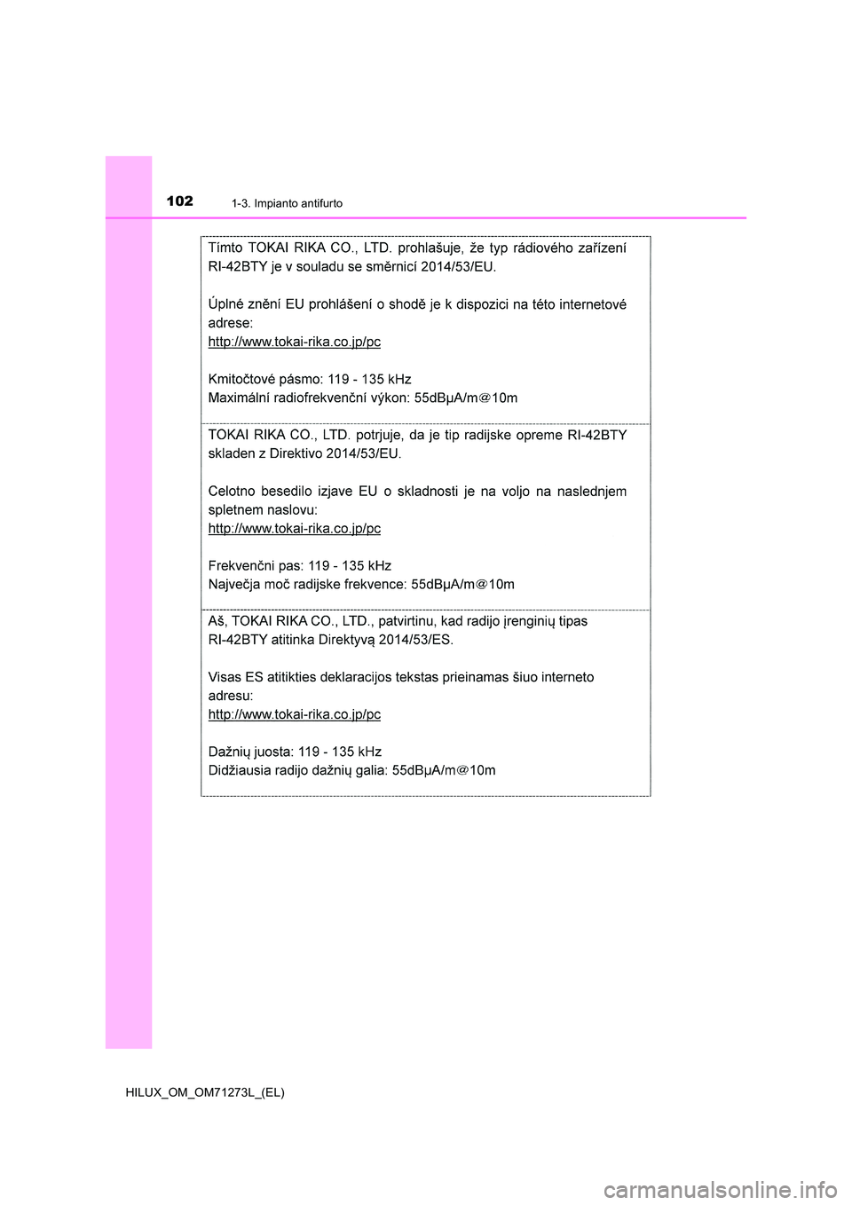 TOYOTA HILUX 2019  Manuale duso (in Italian) 1021-3. Impianto antifurto
HILUX_OM_OM71273L_(EL) 