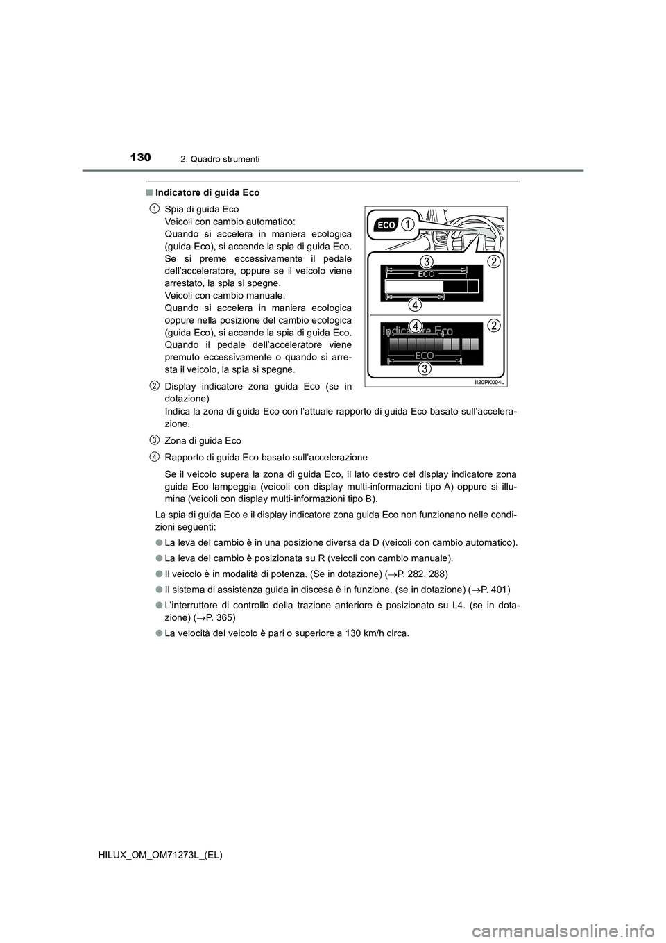 TOYOTA HILUX 2019  Manuale duso (in Italian) 1302. Quadro strumenti
HILUX_OM_OM71273L_(EL)
■Indicatore di guida Eco
Indica la zona di guida Eco con l’attuale rapporto di guida Eco basato sull’accelera-
zione.
Zona di guida Eco
Rapporto di 