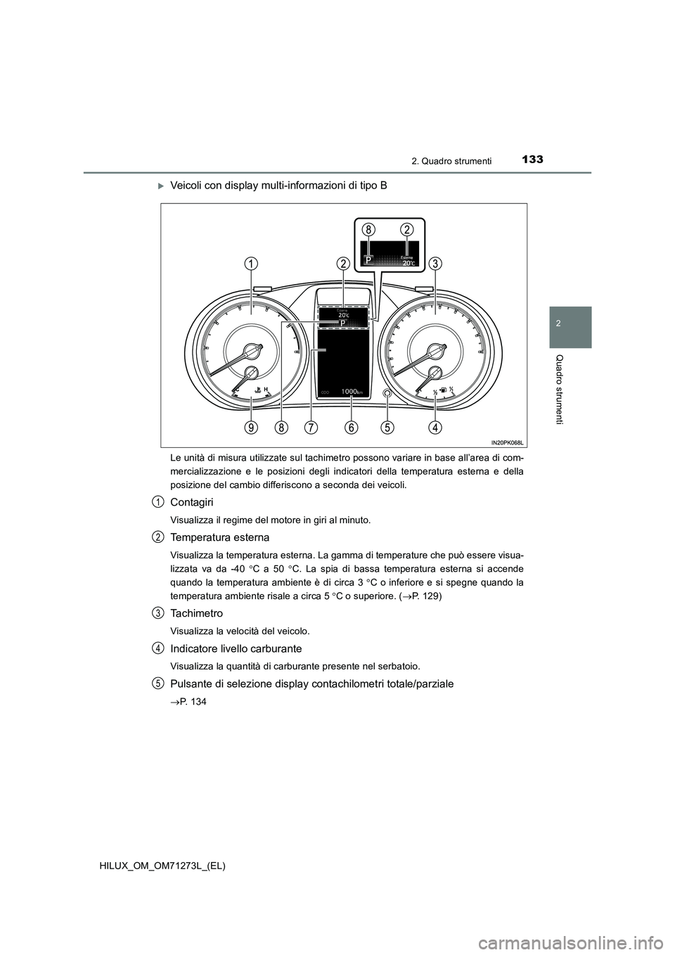 TOYOTA HILUX 2019  Manuale duso (in Italian) 1332. Quadro strumenti
2
Quadro strumenti
HILUX_OM_OM71273L_(EL)
Veicoli con display multi-informazioni di tipo B
Le unità di misura utilizzate sul tachimetro possono variare in base all’area di