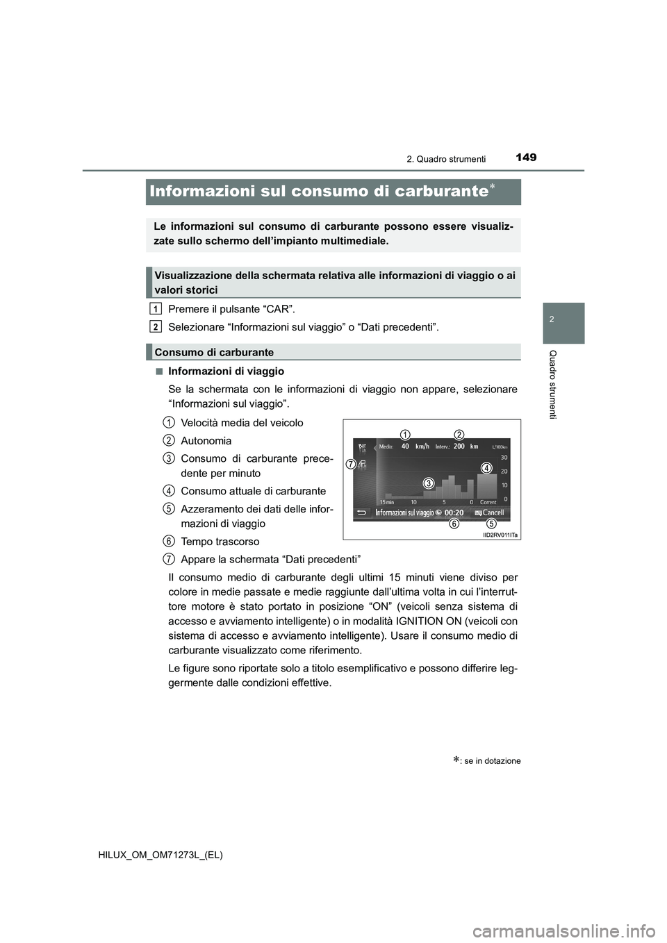 TOYOTA HILUX 2019  Manuale duso (in Italian) 149
2
2. Quadro strumenti
Quadro strumenti
HILUX_OM_OM71273L_(EL)
Informazioni sul consumo di carburante
Premere il pulsante “CAR”.
Selezionare “Informazioni sul viaggio” o “Dati preceden
