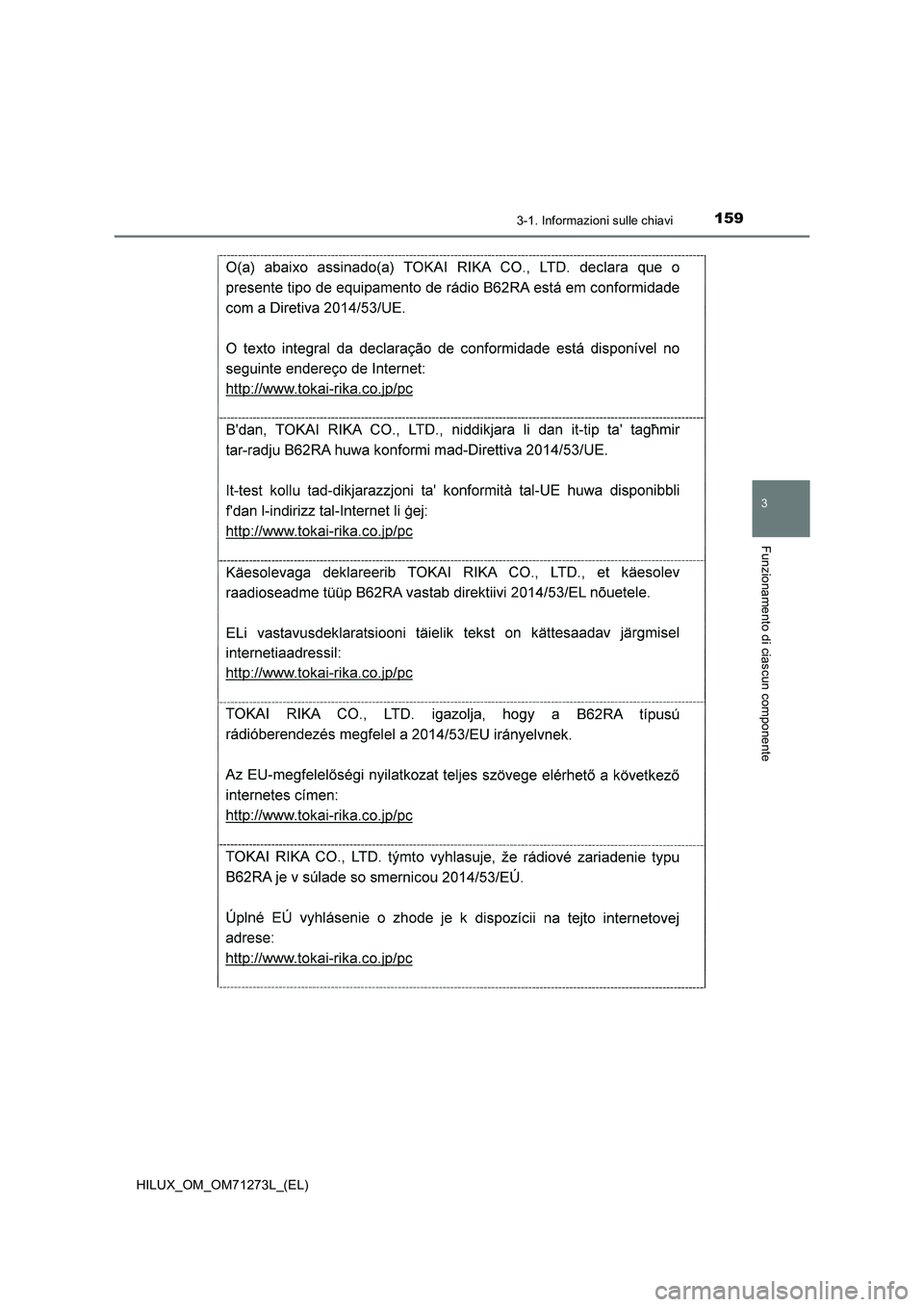 TOYOTA HILUX 2019  Manuale duso (in Italian) 1593-1. Informazioni sulle chiavi
3
Funzionamento di ciascun componente
HILUX_OM_OM71273L_(EL) 