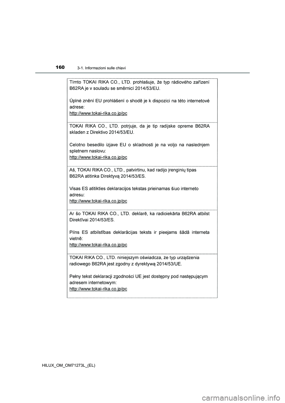 TOYOTA HILUX 2019  Manuale duso (in Italian) 1603-1. Informazioni sulle chiavi
HILUX_OM_OM71273L_(EL) 