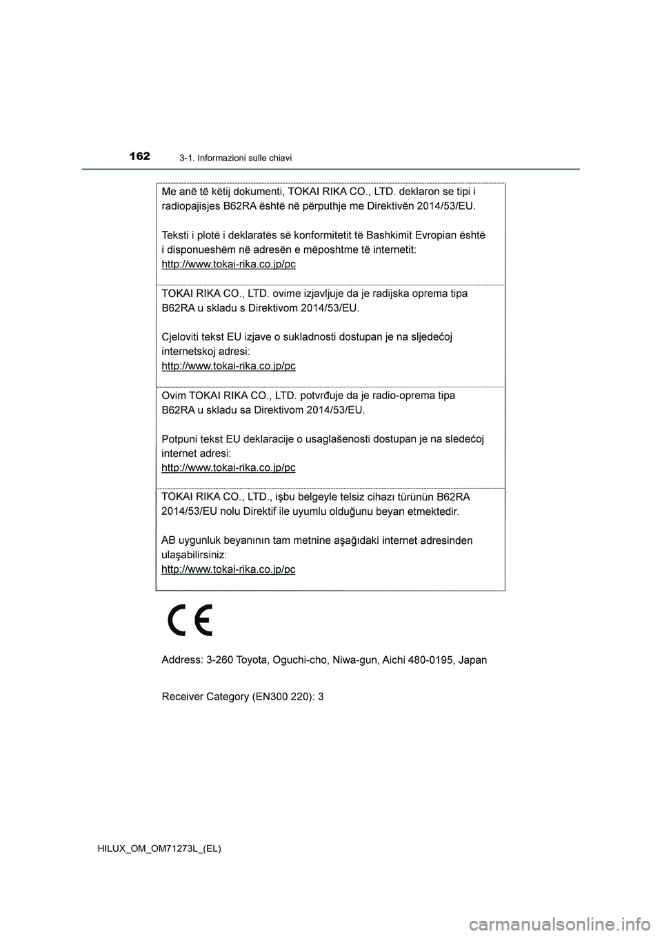 TOYOTA HILUX 2019  Manuale duso (in Italian) 1623-1. Informazioni sulle chiavi
HILUX_OM_OM71273L_(EL) 