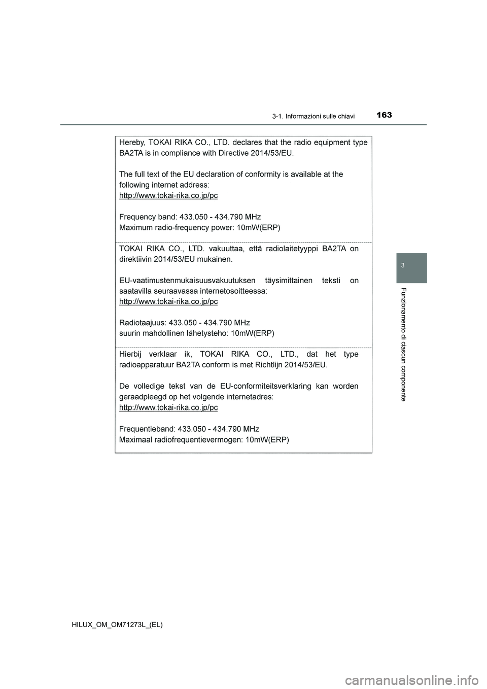 TOYOTA HILUX 2019  Manuale duso (in Italian) 1633-1. Informazioni sulle chiavi
3
Funzionamento di ciascun componente
HILUX_OM_OM71273L_(EL) 