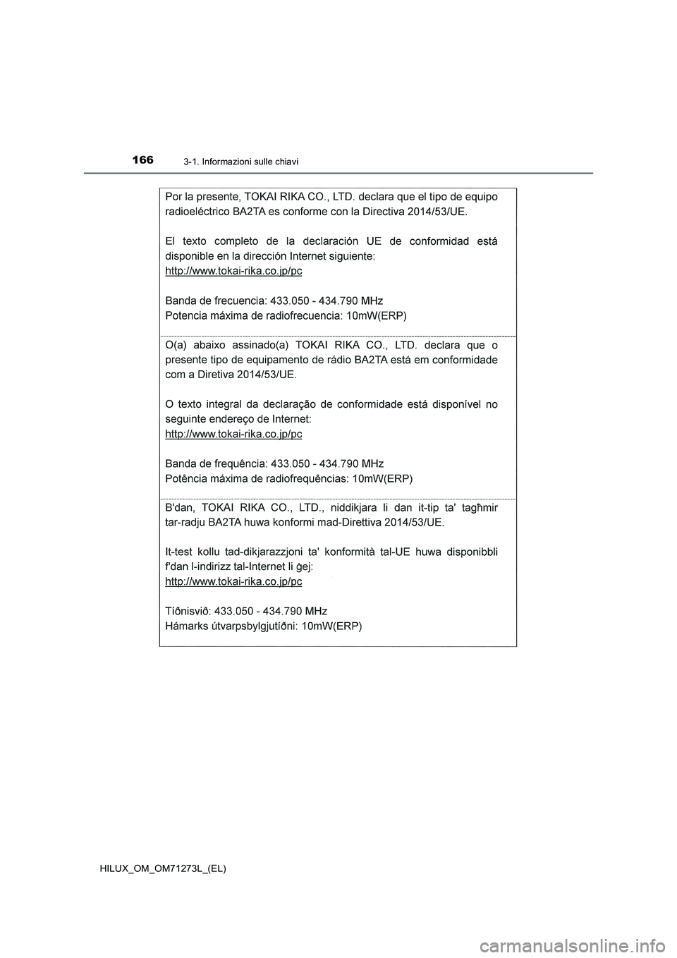TOYOTA HILUX 2019  Manuale duso (in Italian) 1663-1. Informazioni sulle chiavi
HILUX_OM_OM71273L_(EL) 
