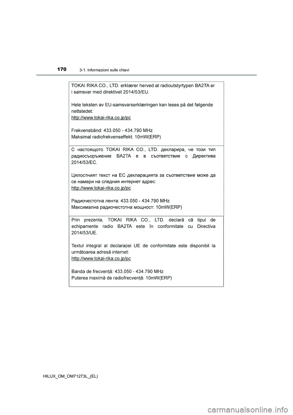 TOYOTA HILUX 2019  Manuale duso (in Italian) 1703-1. Informazioni sulle chiavi
HILUX_OM_OM71273L_(EL) 