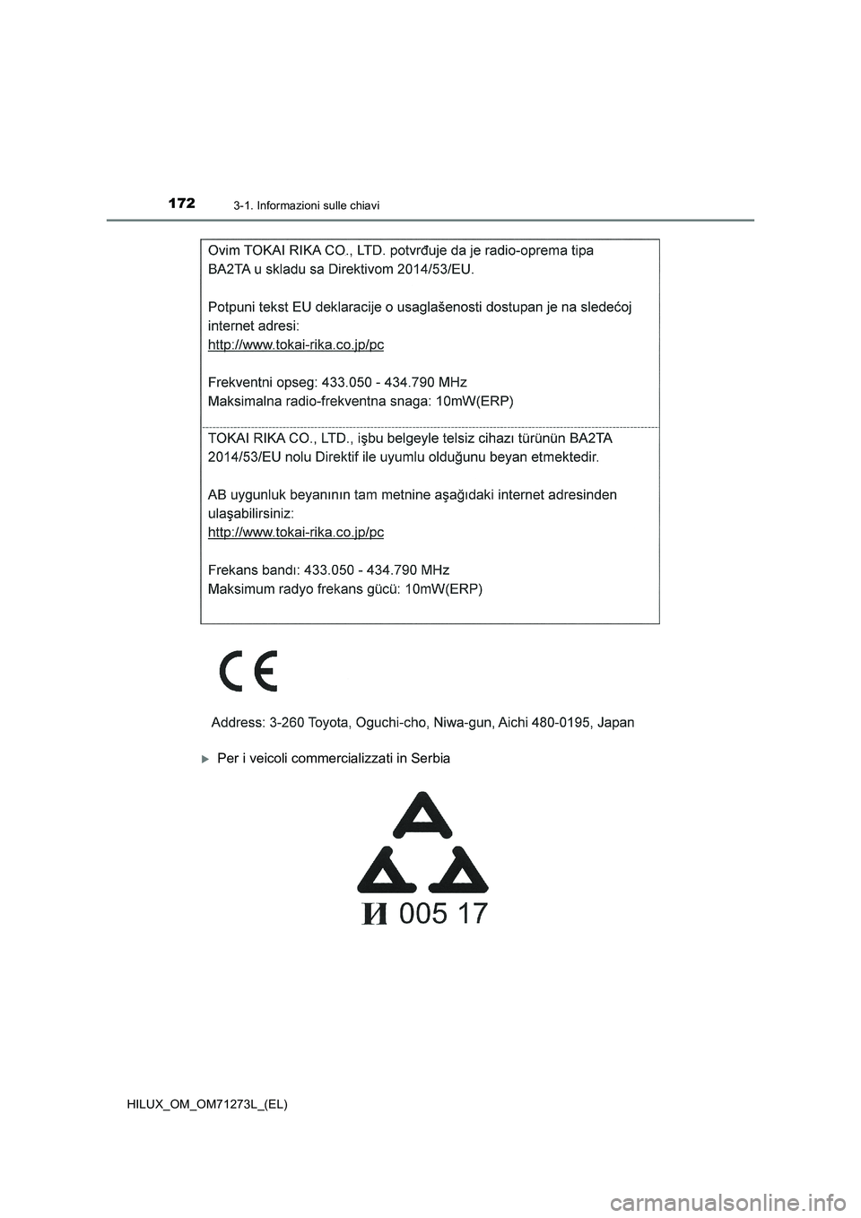 TOYOTA HILUX 2019  Manuale duso (in Italian) 1723-1. Informazioni sulle chiavi
HILUX_OM_OM71273L_(EL)
Per i veicoli commercializzati in Serbia 