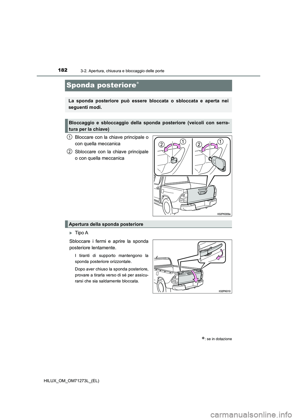TOYOTA HILUX 2019 Manuale duso (in Italian) 1823-2. Apertura, chiusura e bloccaggio delle porte
HILUX_OM_OM71273L_(EL)
Sponda posteriore
Bloccare con la chiave principale o
con quella meccanica
Sbloccare con la chiave principale
o con quella TOYOTA HILUX 2019 Manuale duso (in Italian) 1823-2. Apertura, chiusura e bloccaggio delle porte
HILUX_OM_OM71273L_(EL)
Sponda posteriore
Bloccare con la chiave principale o
con quella meccanica
Sbloccare con la chiave principale
o con quella