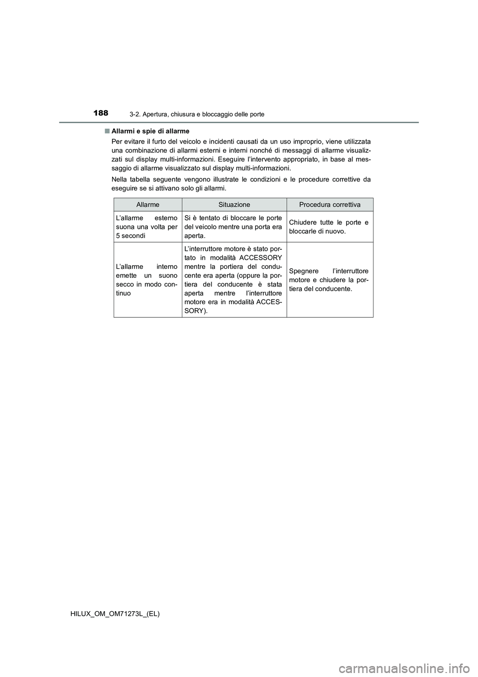 TOYOTA HILUX 2019 Manuale duso (in Italian) 1883-2. Apertura, chiusura e bloccaggio delle porte
HILUX_OM_OM71273L_(EL)■Allarmi e spie di allarme
Per evitare il furto del veicolo e incidenti causati da un uso improprio, viene utilizzata
una co TOYOTA HILUX 2019 Manuale duso (in Italian) 1883-2. Apertura, chiusura e bloccaggio delle porte
HILUX_OM_OM71273L_(EL)■Allarmi e spie di allarme
Per evitare il furto del veicolo e incidenti causati da un uso improprio, viene utilizzata
una co