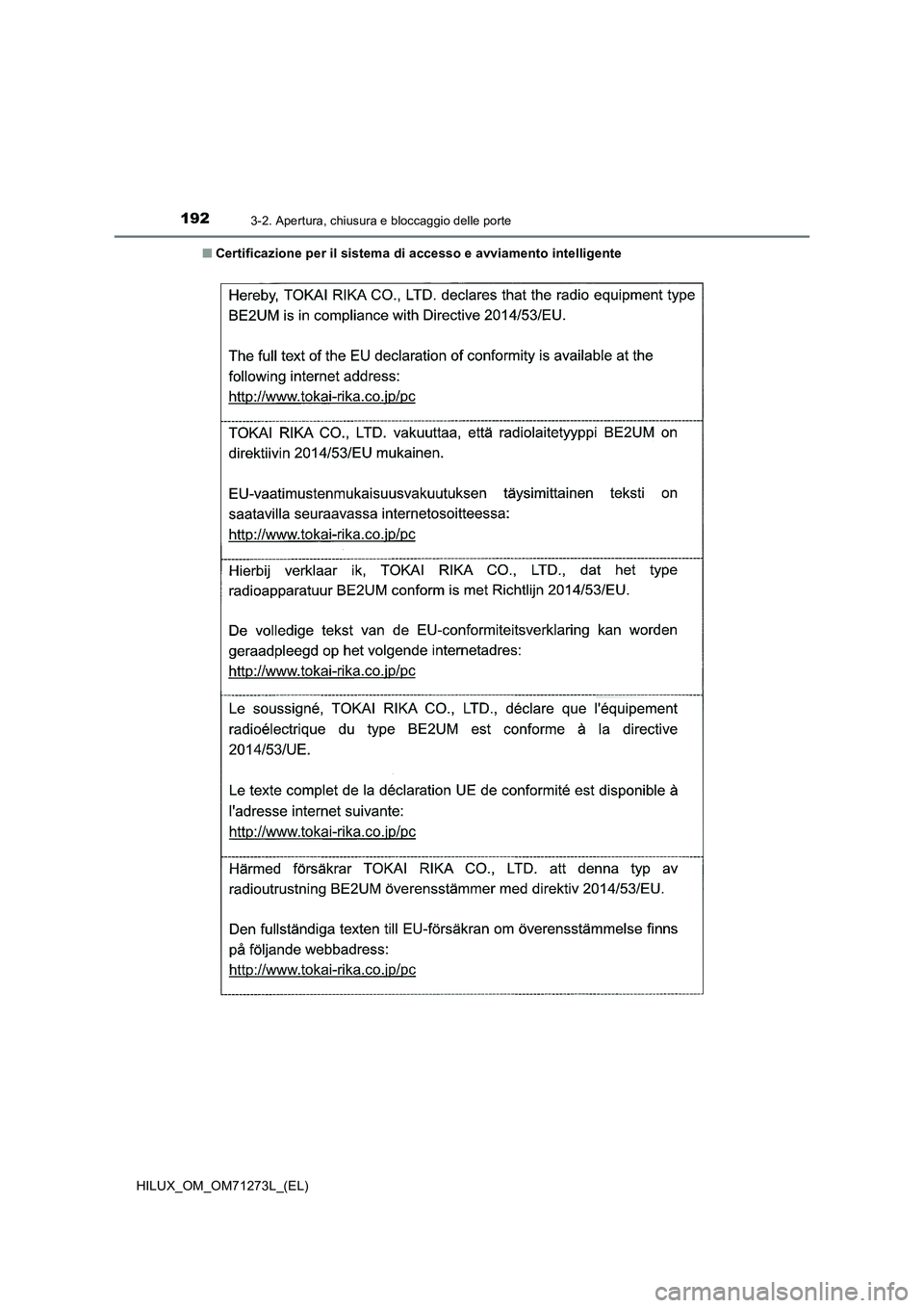 TOYOTA HILUX 2019  Manuale duso (in Italian) 1923-2. Apertura, chiusura e bloccaggio delle porte
HILUX_OM_OM71273L_(EL)■Certificazione per il sistema di accesso e avviamento intelligente 