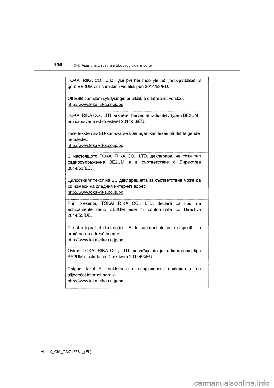 TOYOTA HILUX 2019  Manuale duso (in Italian) 1963-2. Apertura, chiusura e bloccaggio delle porte
HILUX_OM_OM71273L_(EL) 