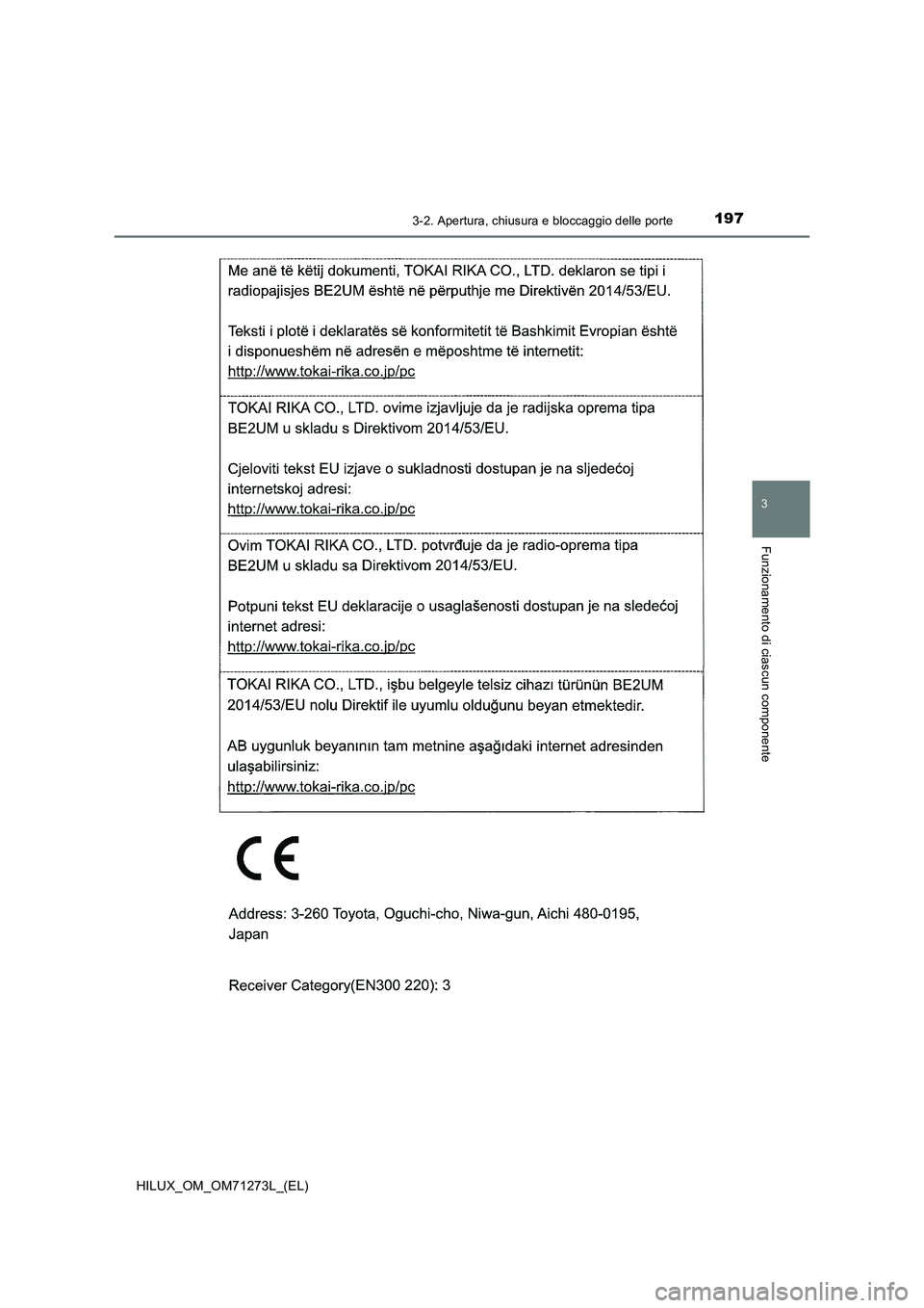 TOYOTA HILUX 2019  Manuale duso (in Italian) 1973-2. Apertura, chiusura e bloccaggio delle porte
3
Funzionamento di ciascun componente
HILUX_OM_OM71273L_(EL) 