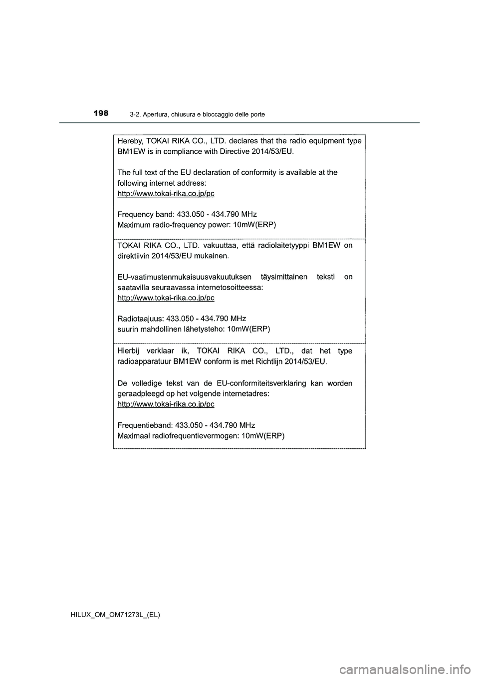 TOYOTA HILUX 2019  Manuale duso (in Italian) 1983-2. Apertura, chiusura e bloccaggio delle porte
HILUX_OM_OM71273L_(EL) 