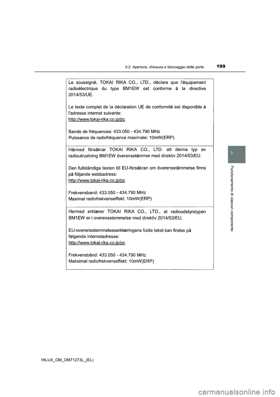 TOYOTA HILUX 2019  Manuale duso (in Italian) 1993-2. Apertura, chiusura e bloccaggio delle porte
3
Funzionamento di ciascun componente
HILUX_OM_OM71273L_(EL) 