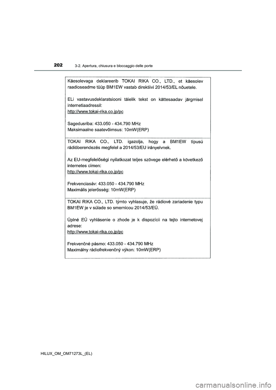 TOYOTA HILUX 2019  Manuale duso (in Italian) 2023-2. Apertura, chiusura e bloccaggio delle porte
HILUX_OM_OM71273L_(EL) 