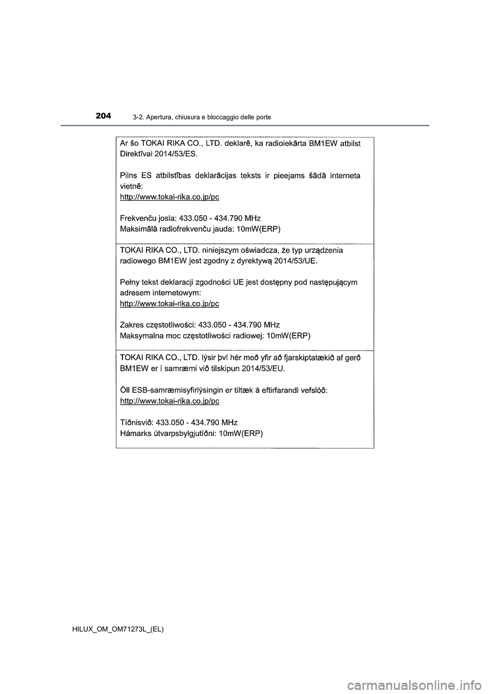TOYOTA HILUX 2019  Manuale duso (in Italian) 2043-2. Apertura, chiusura e bloccaggio delle porte
HILUX_OM_OM71273L_(EL) 