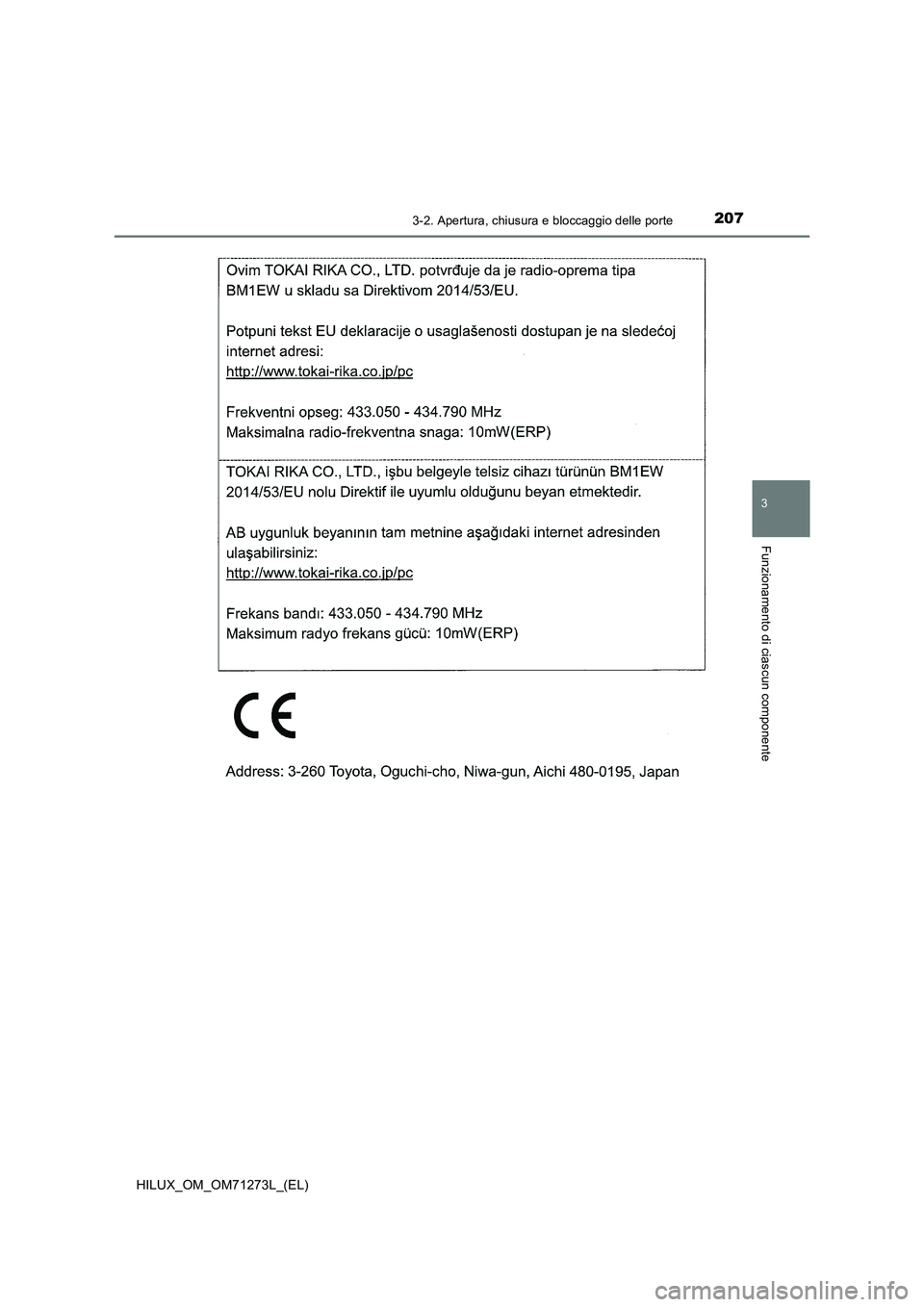 TOYOTA HILUX 2019  Manuale duso (in Italian) 2073-2. Apertura, chiusura e bloccaggio delle porte
3
Funzionamento di ciascun componente
HILUX_OM_OM71273L_(EL) 