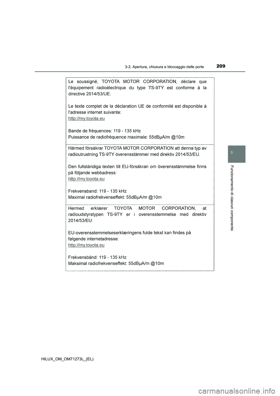 TOYOTA HILUX 2019  Manuale duso (in Italian) 2093-2. Apertura, chiusura e bloccaggio delle porte
3
Funzionamento di ciascun componente
HILUX_OM_OM71273L_(EL) 